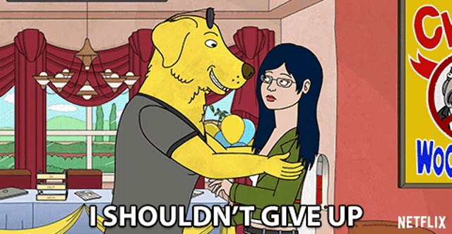 a cartoon of a dog hugging a woman with the words i should n't give up netflix on the bottom
