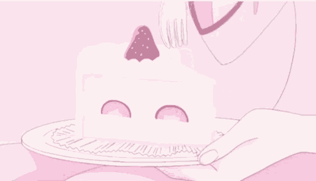 a person is eating a piece of cake with strawberries on top of it with a fork .