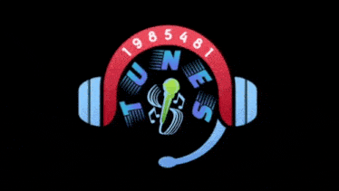 a logo for tunes with a microphone and headphones on a black background