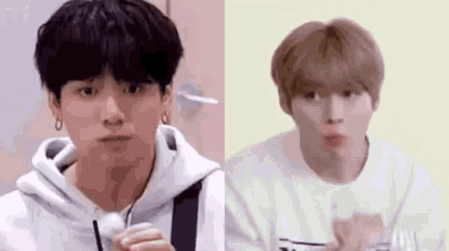 a close up of a person wearing a white hoodie and a close up of a person wearing a white shirt .