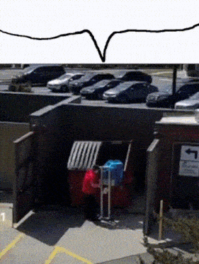 a drawing of a speech bubble above a parking lot with a sign pointing to the right
