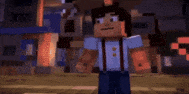 a couple of minecraft characters standing next to each other on a street .