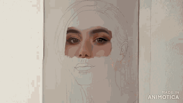 a drawing of a woman 's face is being painted with a made in animatica logo