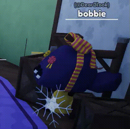 a cartoon character wearing a scarf and a hat is standing next to a snowflake in a room .