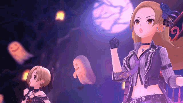 two anime girls are standing next to each other in front of a purple background