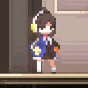 a pixel art of a girl with headphones on