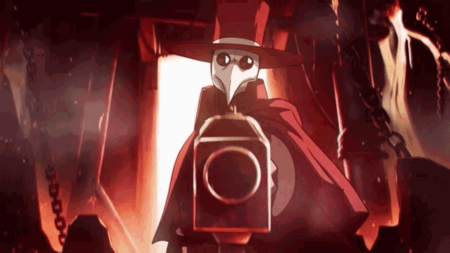 a man in a top hat and mask holds a camera