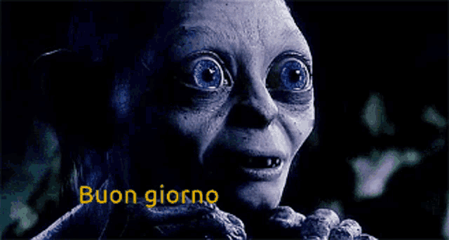 a close up of a person 's face with the words buon giorno on the bottom