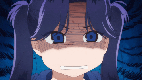 a close up of a girl 's face with purple hair and blue eyes