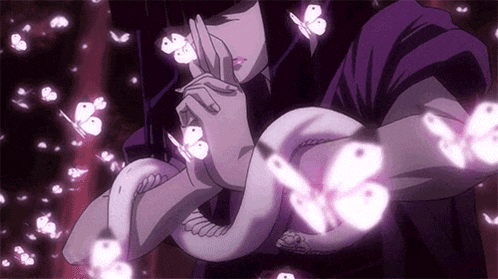 a woman in a purple dress is holding a snake in her hands surrounded by butterflies .
