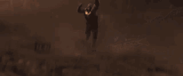 thanos is flying through the air in the avengers : infinity war while holding a hammer .