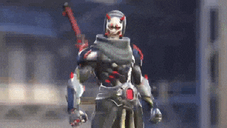 a video game character is holding a sword in his hand and standing in front of a building .