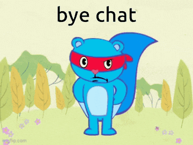 a cartoon of a blue squirrel with a red bandana and the words bye chat below it