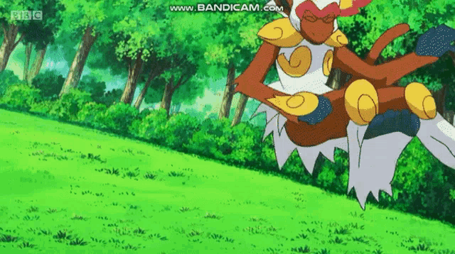 a cartoon character is jumping in the air in a grassy field .