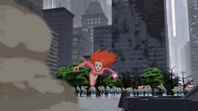 a cartoon drawing of a woman in a pink superhero outfit