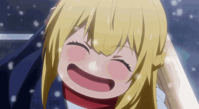 a blonde anime girl with a red scarf around her neck is smiling
