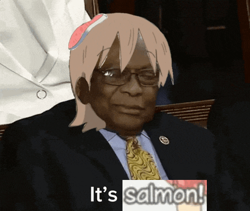 a man in a suit and tie is holding a sign that says ' it 's salmon '