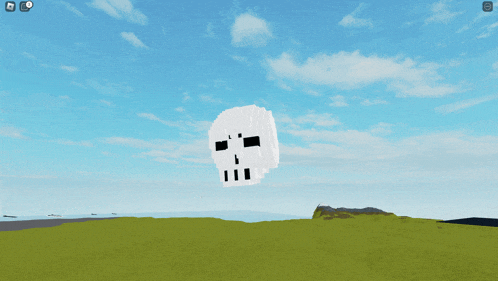 a white skull is floating in the air above a grassy field