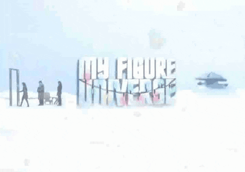 a group of people standing in a snowy field with the words `` my figure universe '' written in the background .