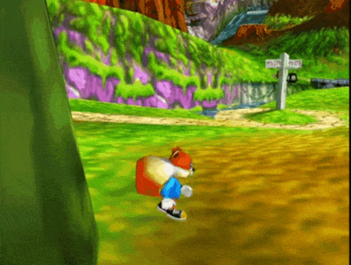 a cartoon character is walking down a path with a sign in the background that says ' mouth of the river '