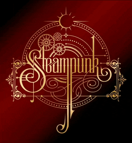 the word steampunk is on a red and gold background