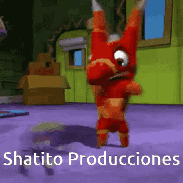 a cartoon character is dancing in a room with the words " shapito producciones " below him