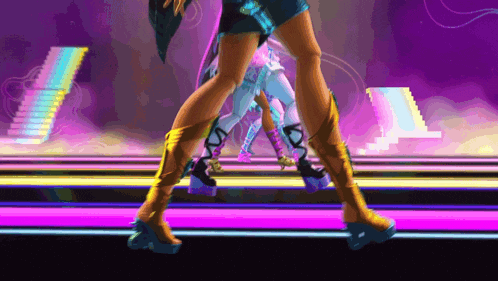 a woman in cowboy boots is walking on a purple stage