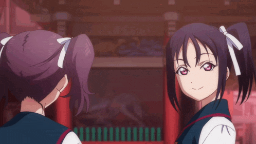 two anime girls are standing next to each other with purple hair