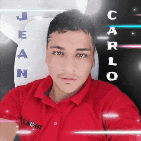 a man in a red shirt has the name carlo written on his face