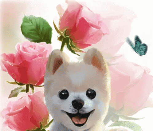 a puppy is surrounded by pink roses and a butterfly