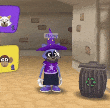 a cartoon character is wearing a purple hat that says mopsy on it