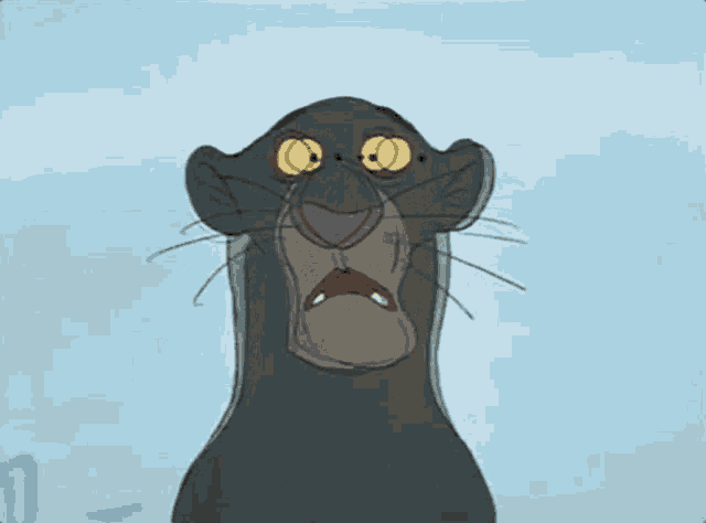 a black panther with yellow eyes is making a funny face in a cartoon .