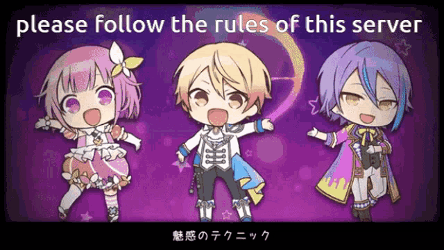 three anime characters are standing next to each other with the words please follow the rules of this server
