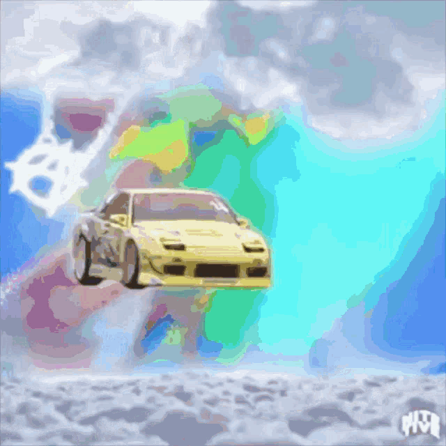 a painting of a yellow car with the word note written on it