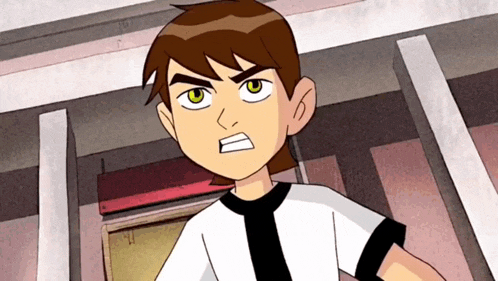 a cartoon character with brown hair and green eyes stands in front of a building