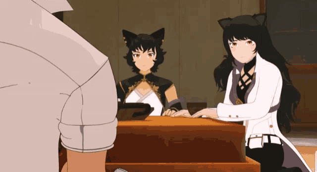 a group of anime characters sitting around a table