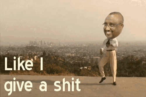 a man with a big head and the words like i give a shit above him