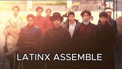 a group of people standing next to each other with latinx assemble written in white letters