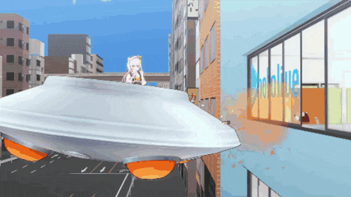 a cartoon illustration of a flying saucer with the word hololive on the side of a building