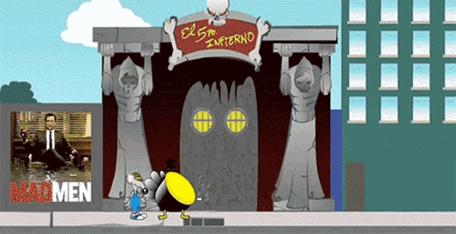 a cartoon drawing of a building with the word inferno on it