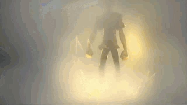 a cartoon character is standing in a foggy room holding a light .