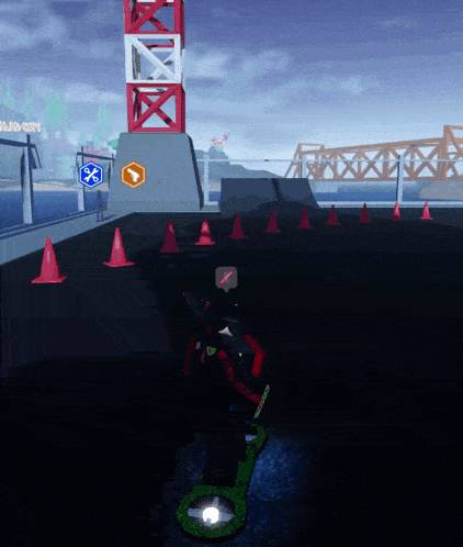 a person in a video game is standing in front of a red and white tower