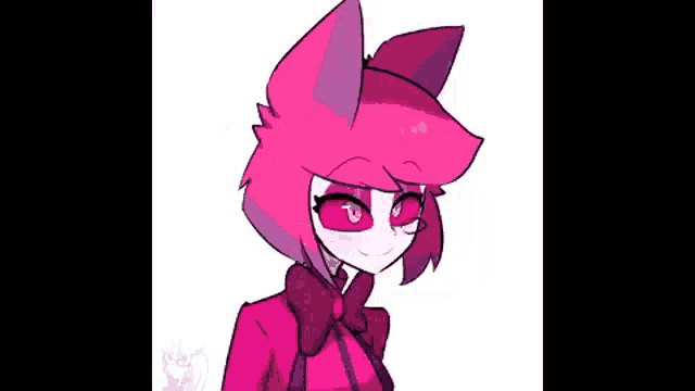 a drawing of a pink and purple cartoon character with red eyes .