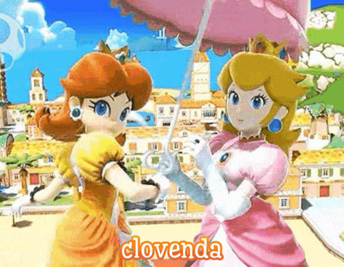 daisy and peach are standing next to each other in a video game holding umbrellas .