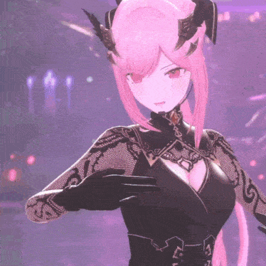 a girl with pink hair is wearing a black dress