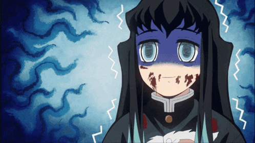 a cartoon character with long black hair has a blue face