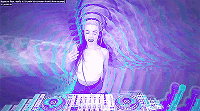 a woman wearing headphones is playing music on a purple background