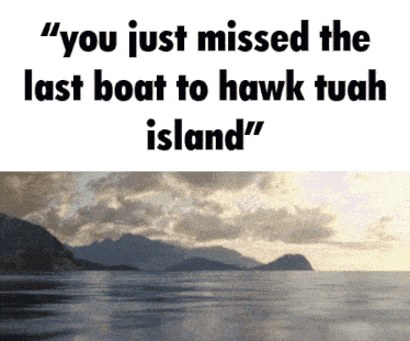 a sign that says " you just missed the last boat to hawk tuah island "