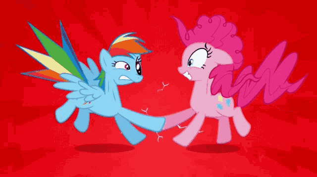 rainbow dash and pinkie pie are fighting with lightning bolts coming out of their mouths
