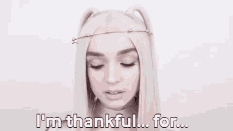 a woman with white hair says " i 'm thankful ... for ... "